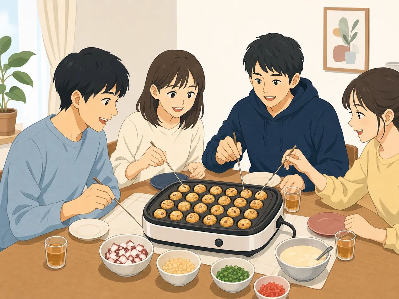 たこ焼きを作る日本人（フラットイラスト）。たこ焼き、大阪グルメ、家庭料理、食イベントの記事向け素材です。