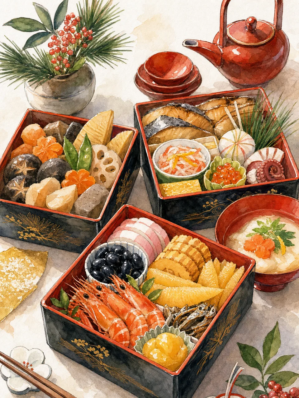 おせち料理の新年の食卓（手描き水彩）。年末年始の案内、食品、和食の記事に使える、華やかで自然なおせち料理素材です。