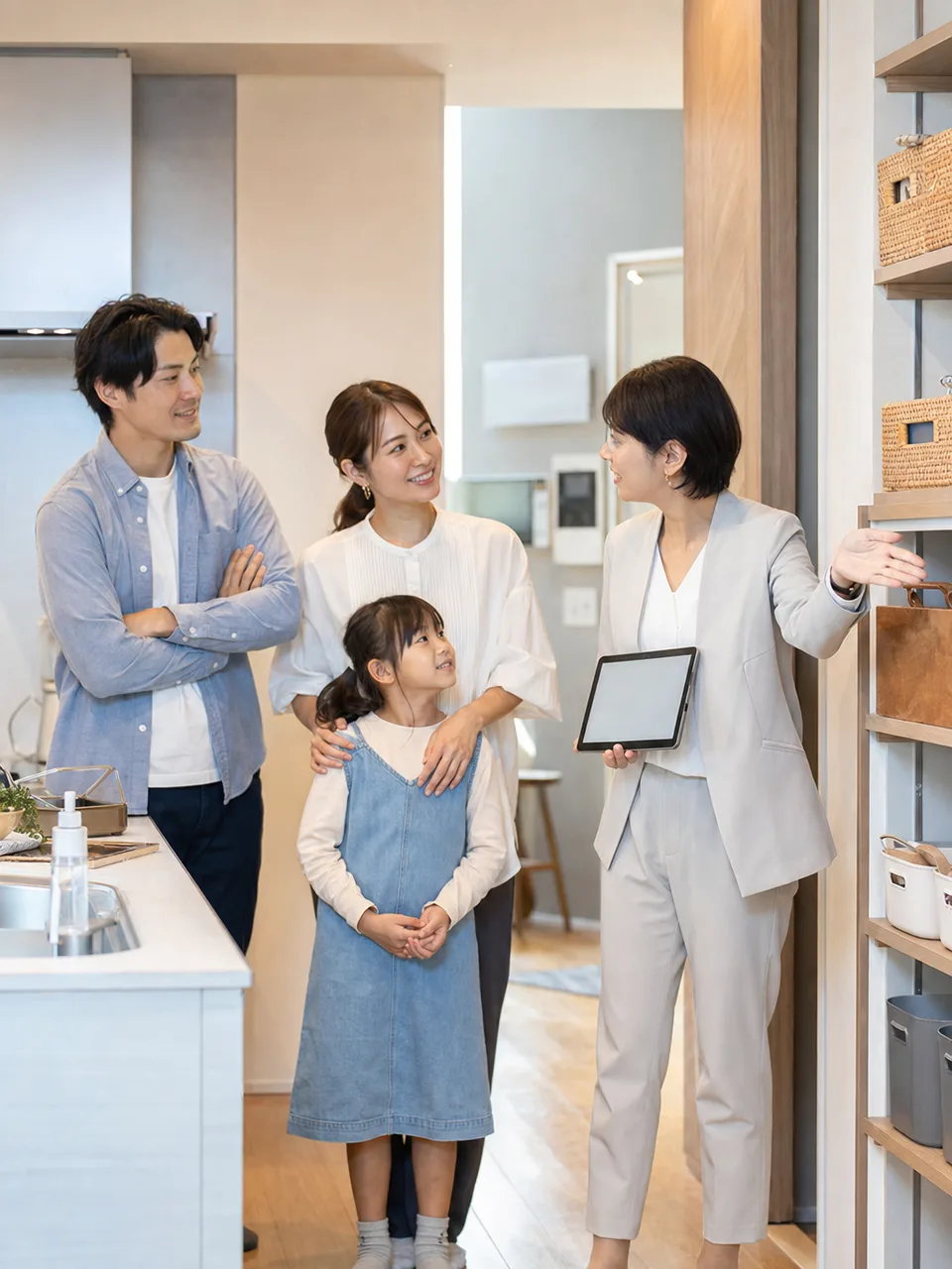 住宅展示場を見学する日本人家族（自然な縦位置写真）。住宅展示場、モデルルーム、家づくり、住宅購入の記事向け素材です。