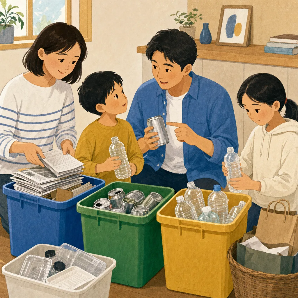 ごみ分別をする日本人家族（編集記事向け）。ごみ分別、リサイクル、環境教育、家庭生活の記事向け素材です。
