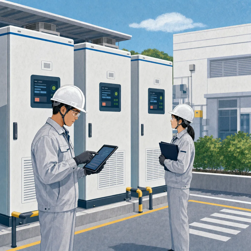 蓄電池設備を管理する日本人技術者（編集記事向け）。蓄電池、エネルギー貯蔵、設備管理、電力の記事向け素材です。