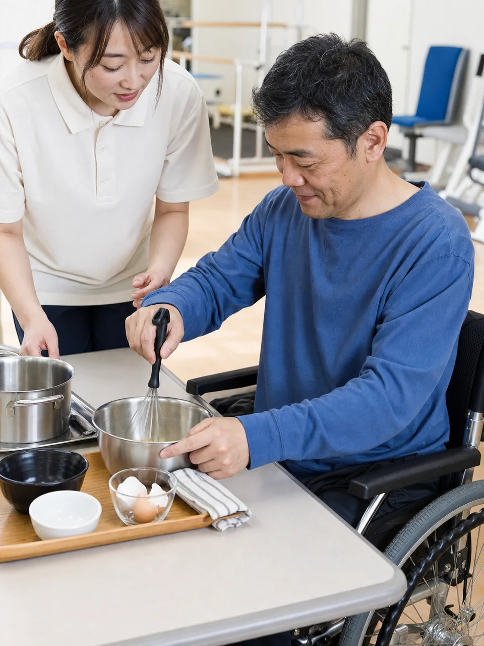 生活動作を支援する日本人作業療法士（自然な縦位置写真）。作業療法士、リハビリ、生活動作、自立支援の記事向け素材です。
