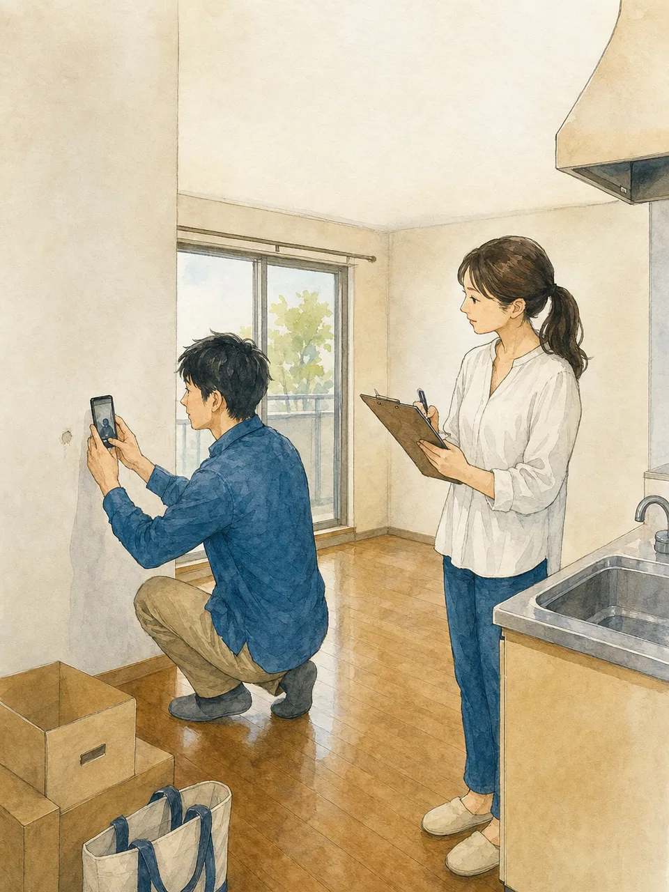 賃貸住宅の入居前点検をする日本人（手描き水彩）。賃貸入居点検、引越し、部屋確認、住まいの記事向け素材です。