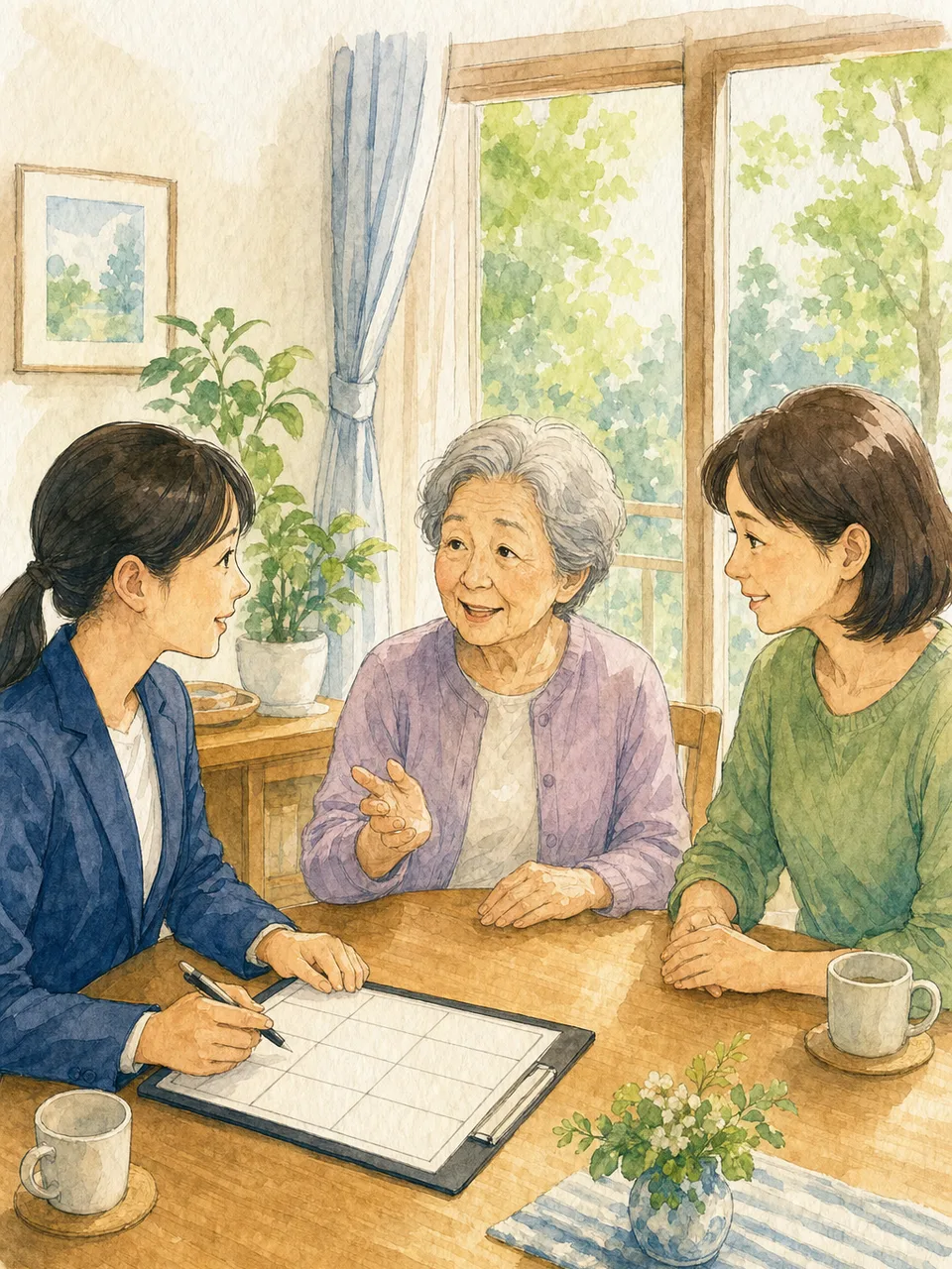 在宅介護を調整する日本人ケアマネジャー（手描き水彩）。ケアマネジャー、介護相談、在宅介護、家族支援の記事向け素材です。