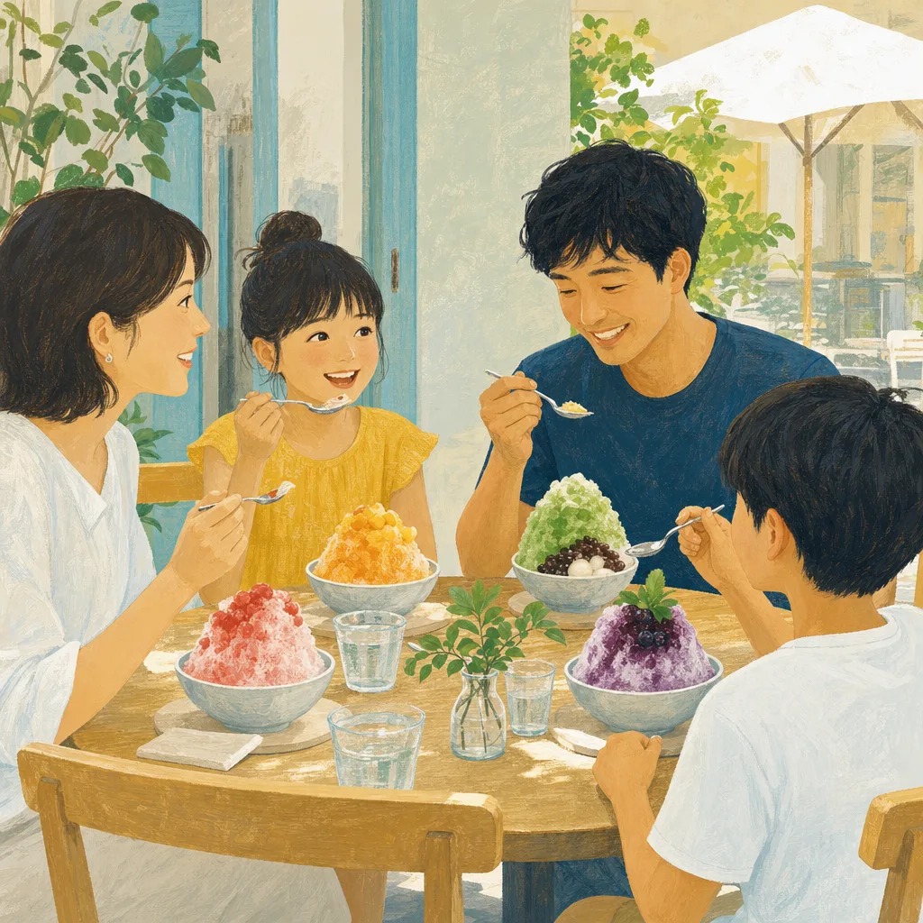 かき氷を楽しむ日本人（編集記事向け）。かき氷、夏、カフェ、涼をテーマにした記事向け素材です。