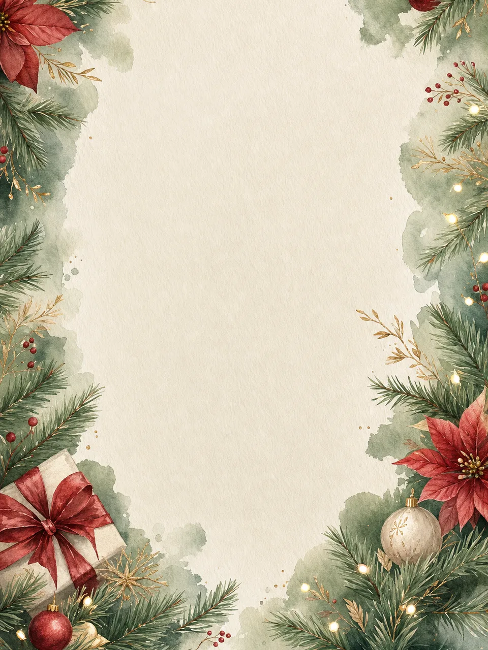 クリスマスの余白背景（水彩フレーム）。バナー、カード、告知画像に文字を配置しやすい、上品なクリスマス背景です。
