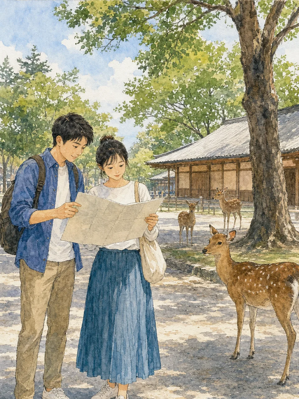 奈良の公園を歩く日本人旅行者（手描き水彩）。奈良、国内旅行、鹿、公園観光の記事に使える素材です。