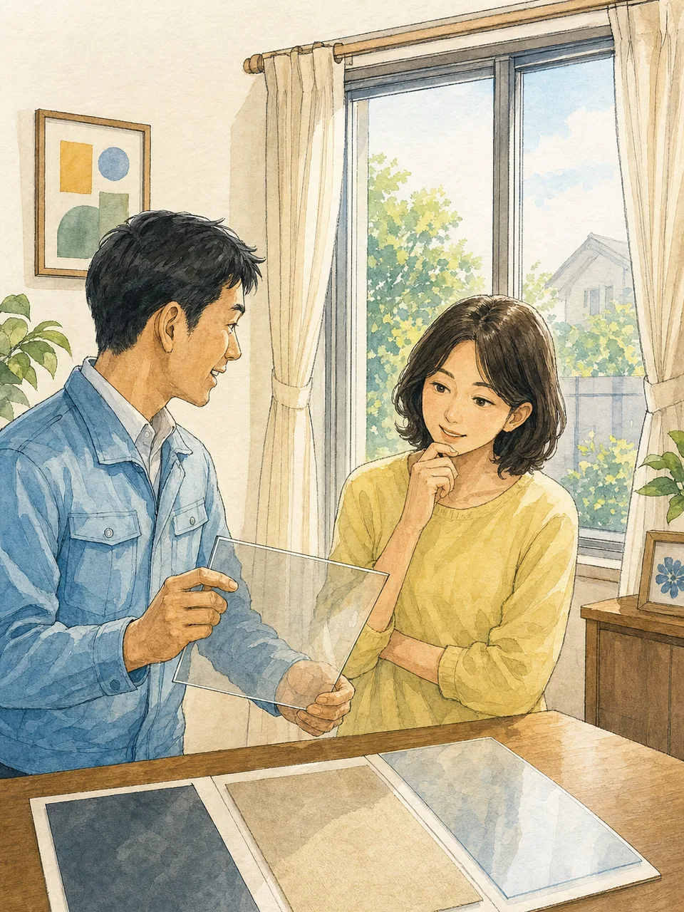 窓の日射対策を相談する日本人（手描き水彩）。窓の日射対策、遮熱、日よけ、省エネ住宅の記事や案内に使える商用素材です。