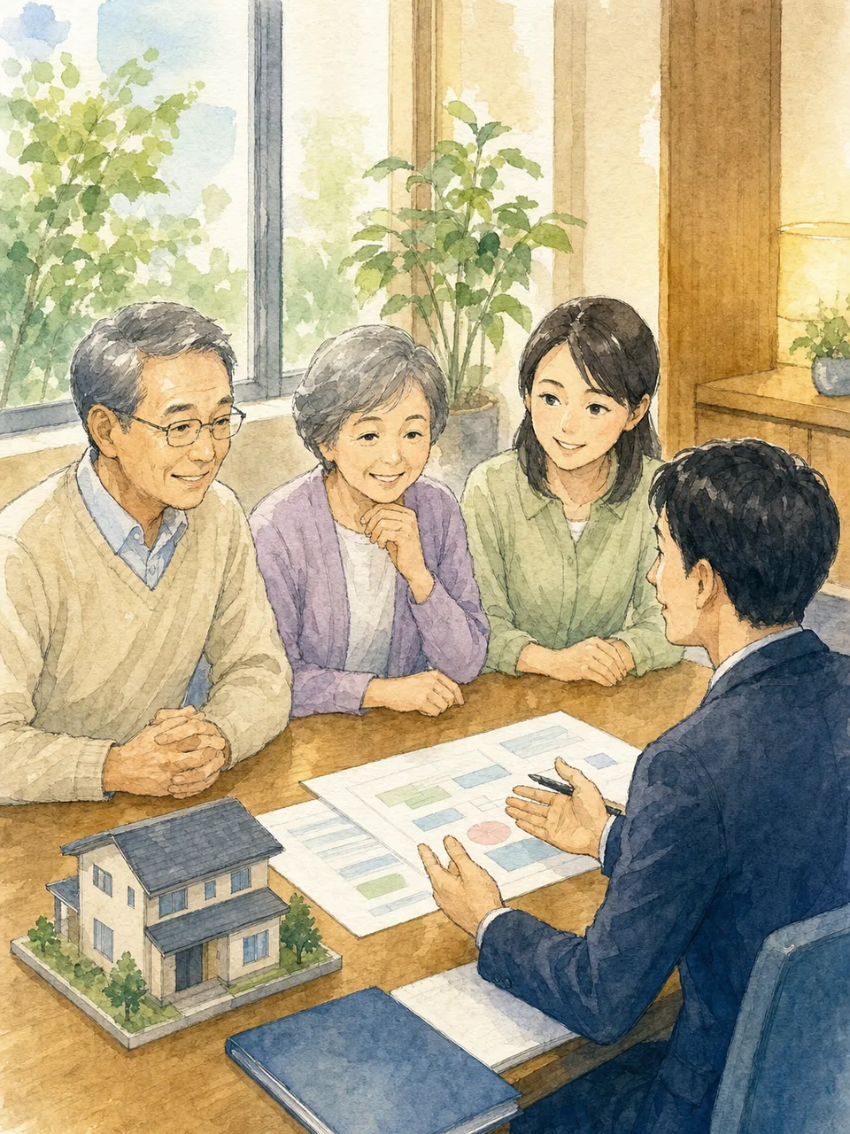 相続と資産管理を相談する日本人家族（手描き水彩）。相続、終活、銀行、年金、資産相談の記事に使える家族の相談場面です。