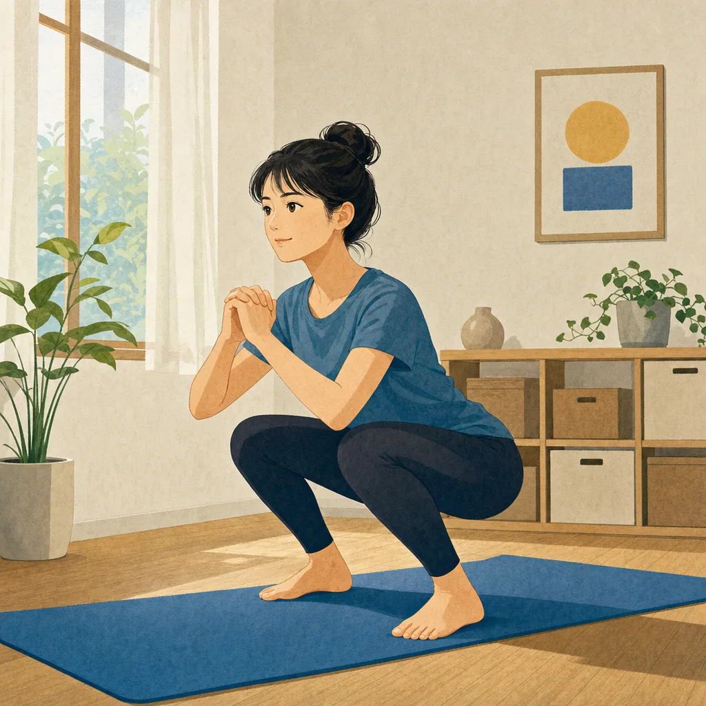自宅で運動する日本人（編集記事向け）。自宅トレーニング、宅トレ、運動、健康の記事や案内に使える商用素材です。