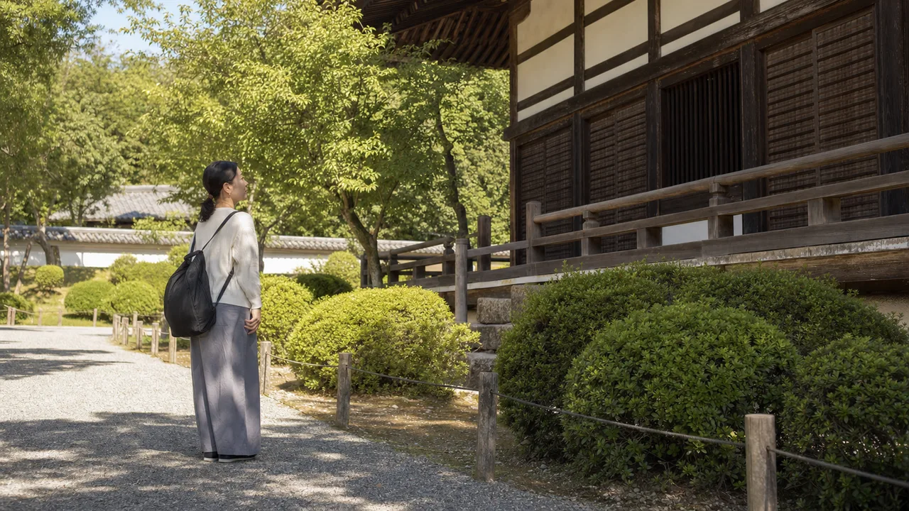 お寺の庭を訪れる日本人旅行者（横長・コピースペース）。お寺、寺院、日本庭園、文化観光の記事向け素材です。