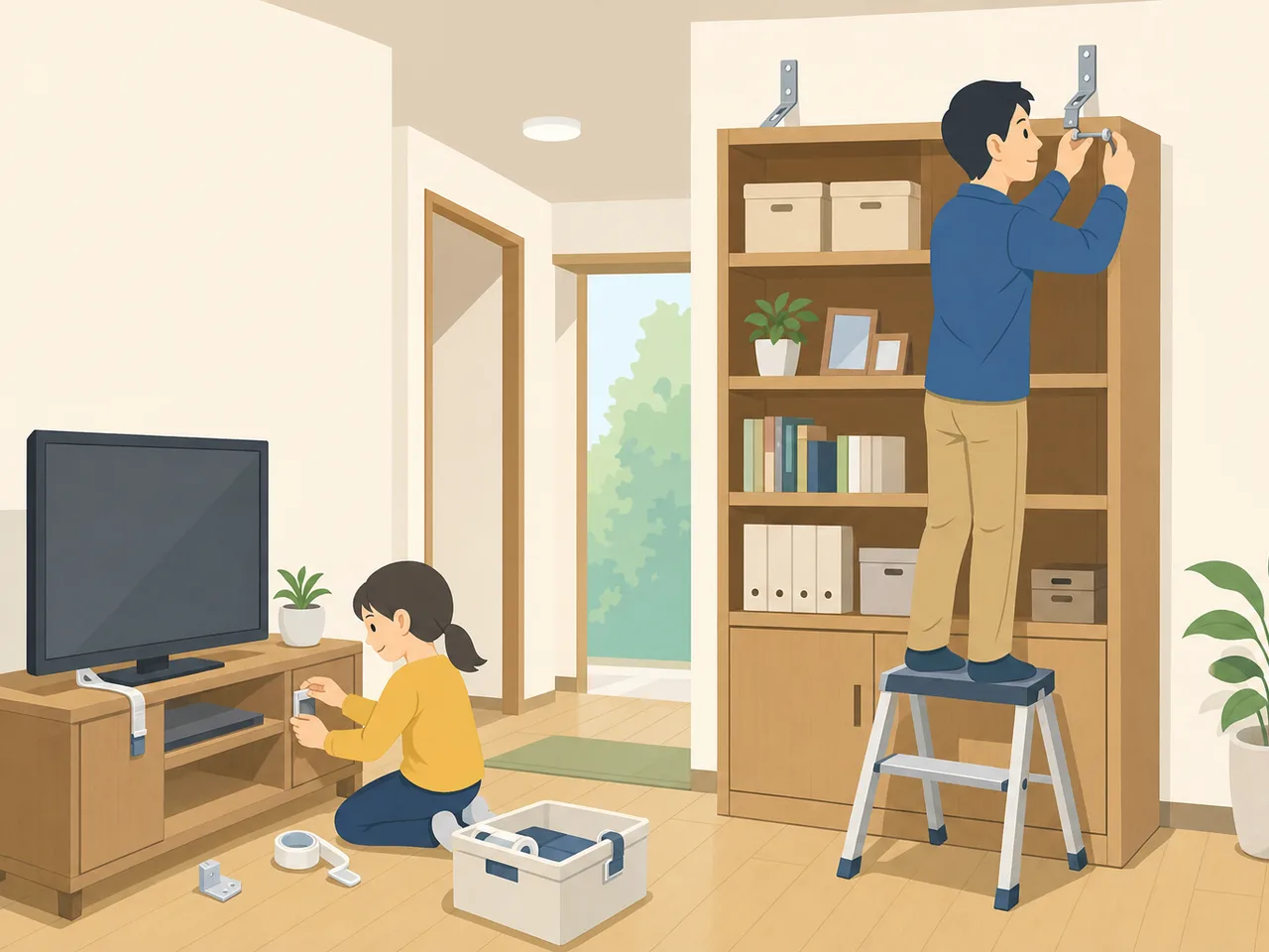 家具の地震対策をする日本人（フラットイラスト）。家具固定、地震対策、住宅防災、転倒防止の記事や案内に使える商用素材です。