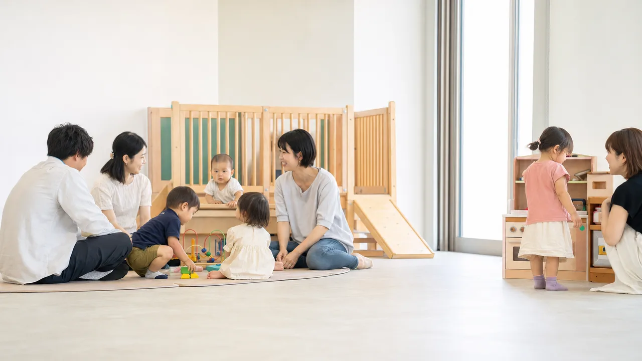 地域で交流する日本人の子育て世代（横長・コピースペース）。子育て世代、親子交流、地域、コミュニティの記事向け素材です。