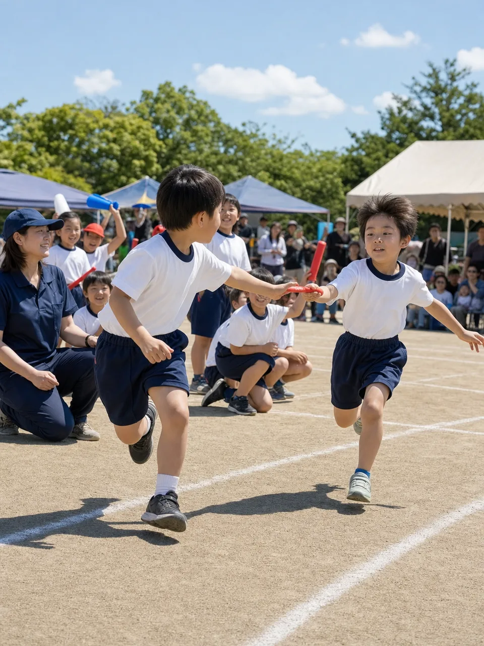 運動会を楽しむ日本人の子どもたち（自然な縦位置写真）。運動会、学校行事、子ども、地域イベントの記事向け素材です。