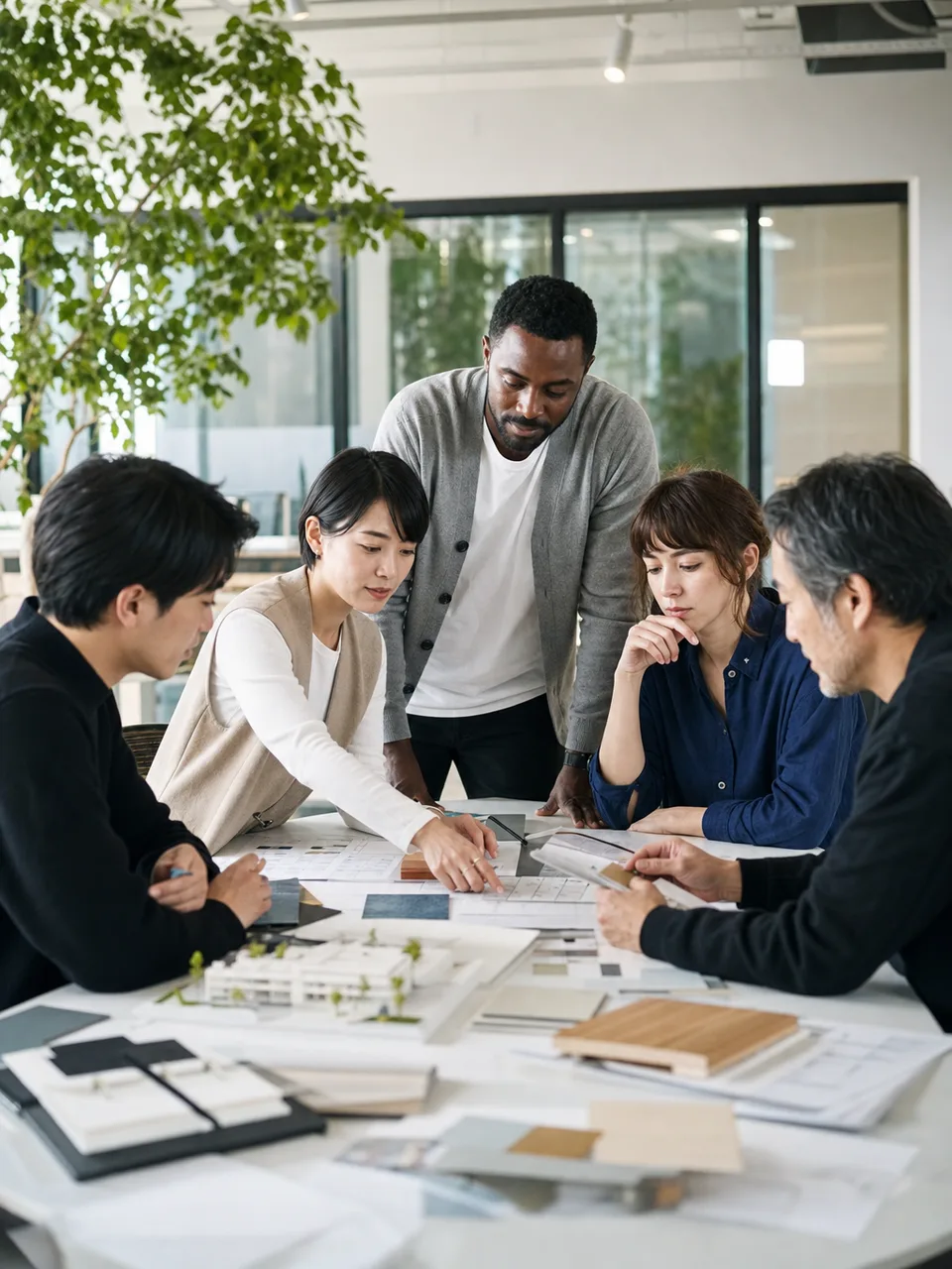 多文化な職場で協働する人々（自然な縦位置写真）。外国人労働者、多文化共生、採用、職場づくりの記事に使える素材です。