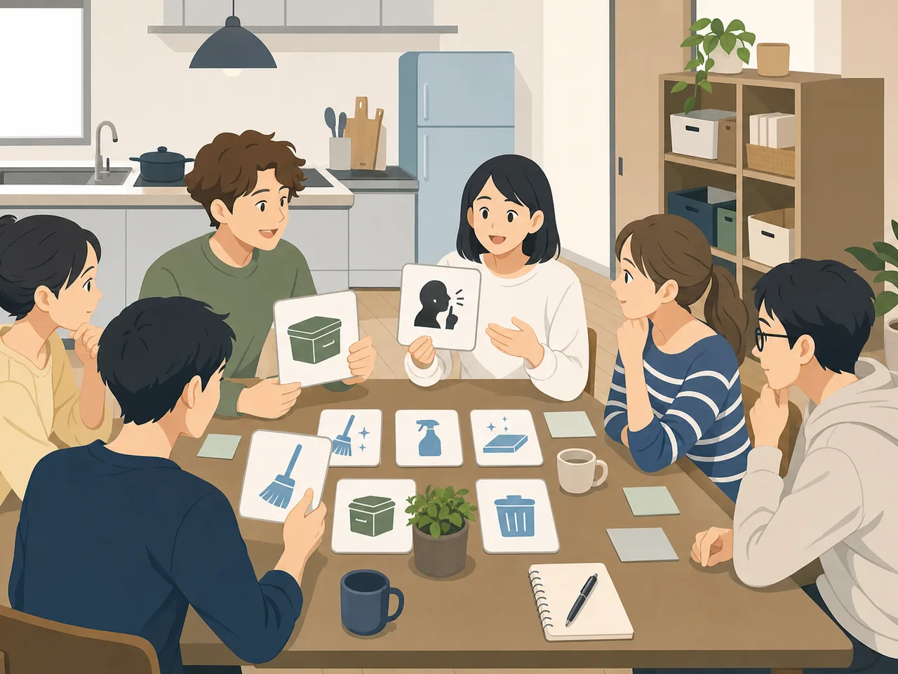 シェアハウスの暮らしを話し合う日本人（フラットイラスト）。シェアハウス生活ルール、共用スペースの使い方、共同生活、シェアハウスの記事や案内に使える商用素材です。