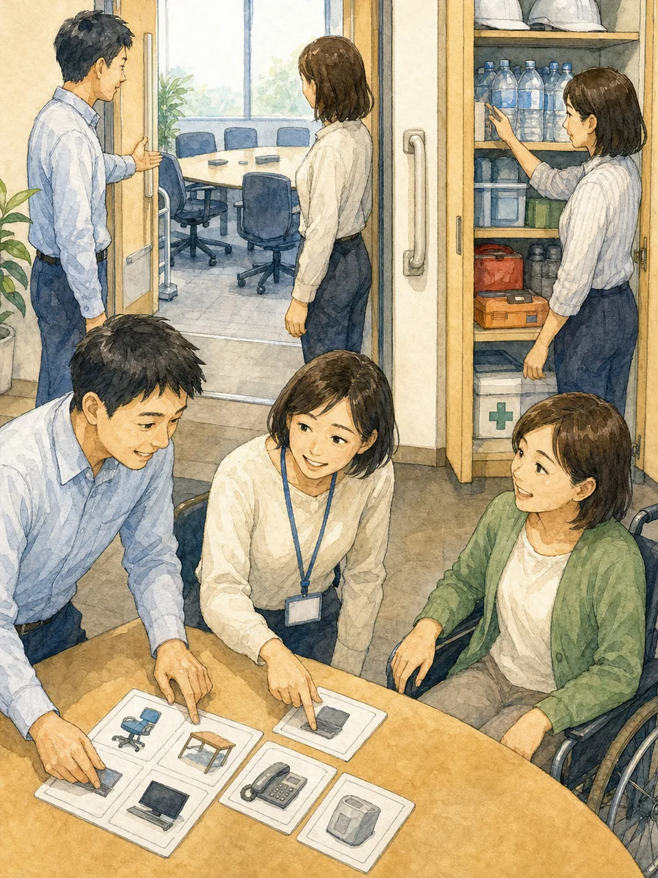 職場を支える日本人総務担当者（手描き水彩）。総務、職場環境、備品管理、社内調整の記事向け素材です。