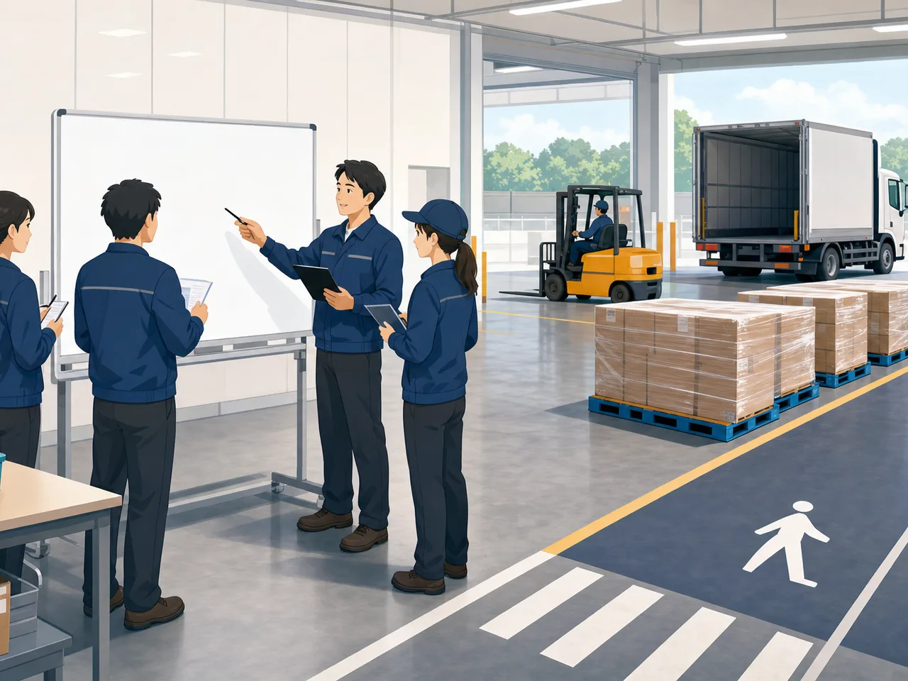物流センターで出荷を管理する日本人（フラットイラスト）。物流センター、出荷管理、サプライチェーンの記事に使える素材です。