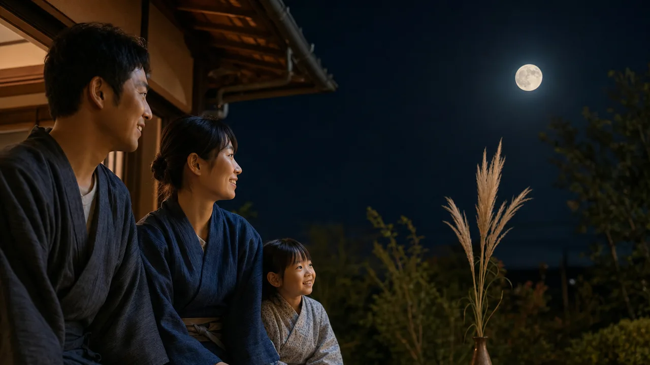 十五夜を楽しむ日本人家族（横長・コピースペース）。十五夜、お月見、秋、家族の年中行事に使える素材です。