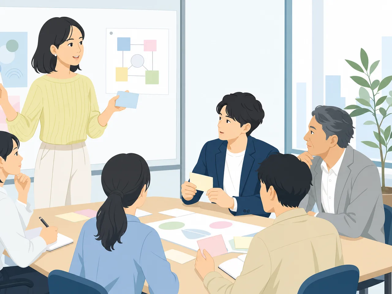 社員研修に参加する日本人会社員（フラットイラスト）。社員研修、人材育成、社内教育、チームづくりの記事向け素材です。