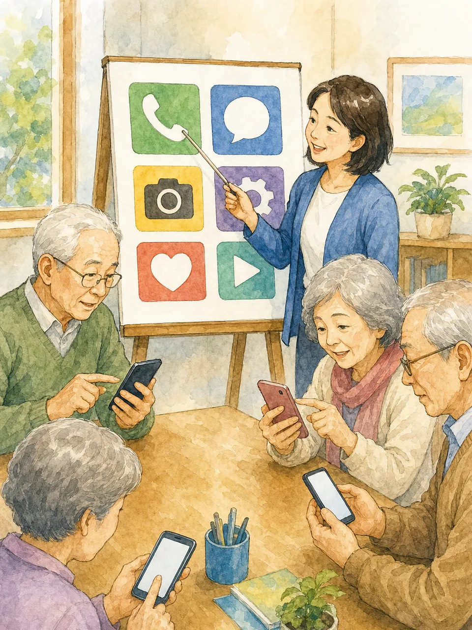 スマートフォンを学ぶ日本人シニア（手描き水彩）。スマホ教室、シニア、デジタル活用、スマートフォンの記事や案内に使える商用素材です。