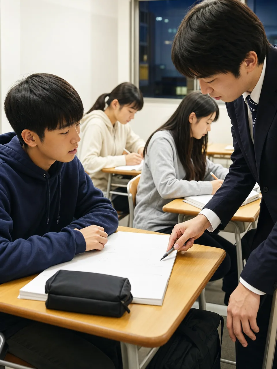学習塾で勉強する日本の学生（自然な縦位置写真）。塾、受験、学習支援、教育サービスに使える夜の学習場面です。