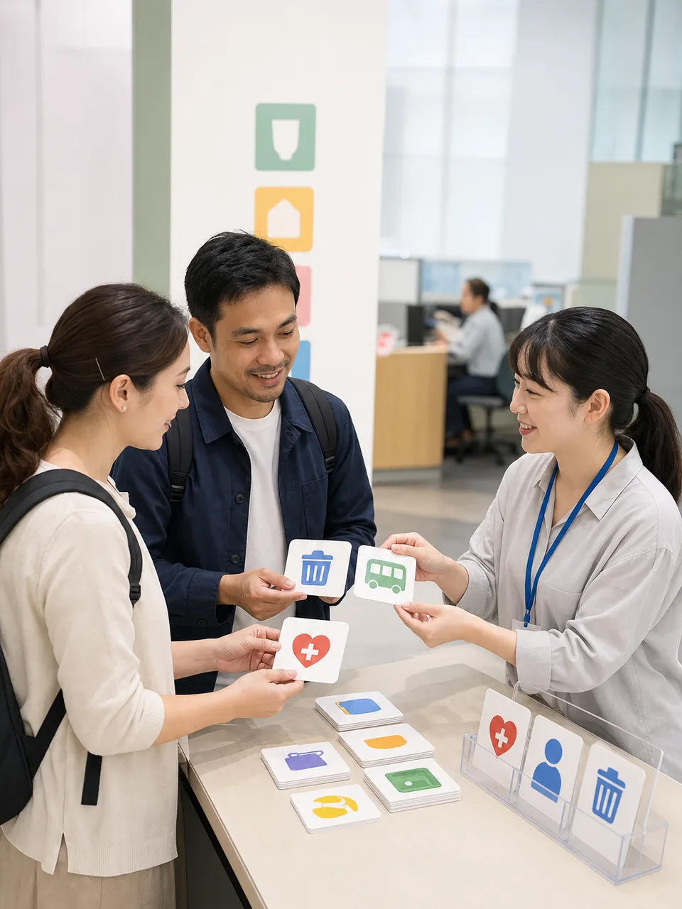生活情報を確認する外国人住民と日本人職員（自然な縦位置写真）。外国人住民への行政案内、自治体の生活案内、外国人住民、行政案内の記事や案内に使える商用素材です。