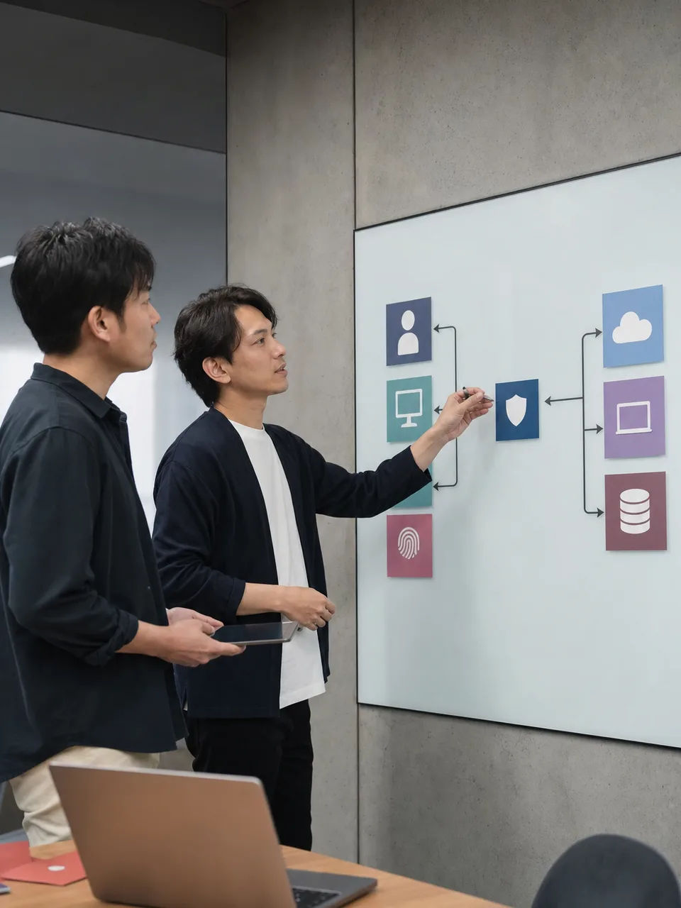 ゼロトラストを設計する日本人チーム（自然な縦位置写真）。ゼロトラスト、サイバーセキュリティ、アクセス制御、認証の記事や案内に使える商用素材です。