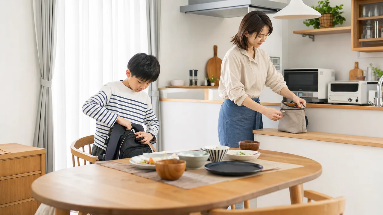 朝の支度をする日本人ひとり親家庭（横長・コピースペース）。ひとり親、一人親家庭、子育て、朝の暮らしの記事向け素材です。