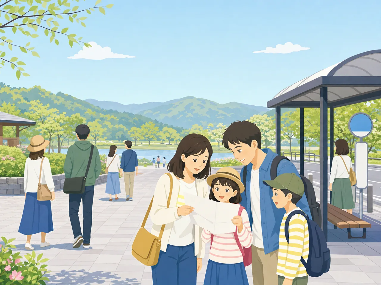 ゴールデンウィークに日帰り旅行する日本人（フラットイラスト）。ゴールデンウィーク、日帰り旅行、家族、休日の記事向け素材です。