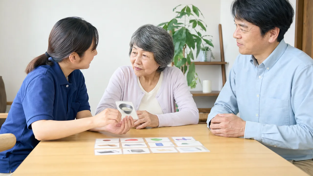 認知症支援を話し合う日本人家族（横長・コピースペース）。認知症支援、家族相談、高齢者ケア、介護相談の記事や案内に使える商用素材です。