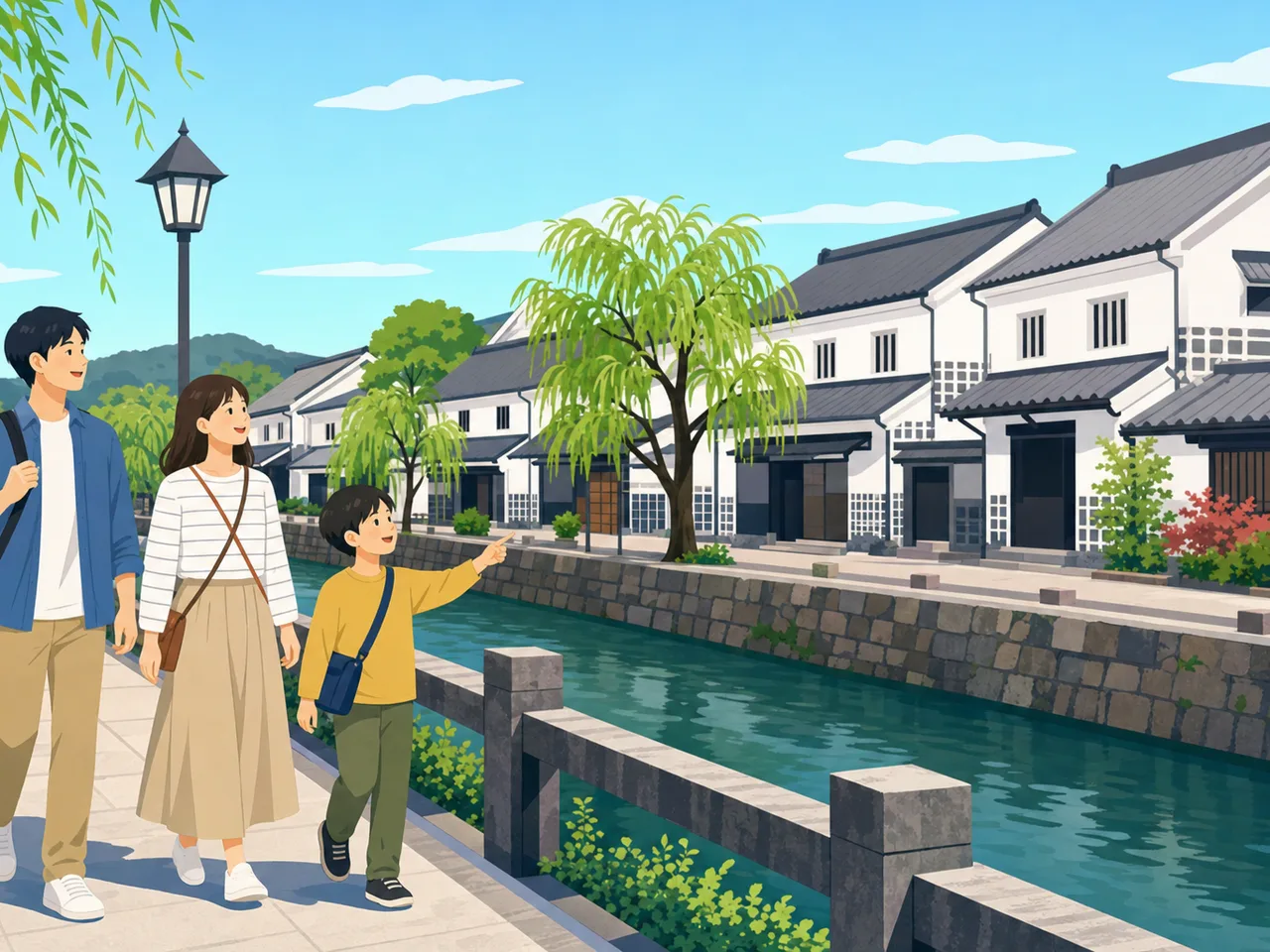 岡山の白壁の町を歩く旅行者（フラットイラスト）。岡山旅行、倉敷、白壁の町、中国地方旅行の記事や案内に使える商用素材です。