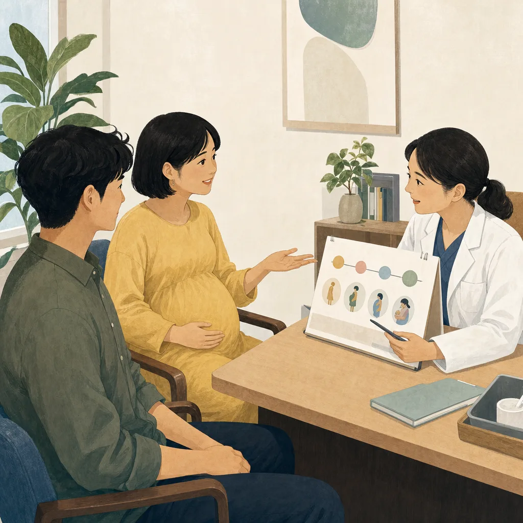 産婦人科で相談する日本人妊婦（編集記事向け）。産婦人科、妊婦健診、妊娠、医療相談の記事向け素材です。