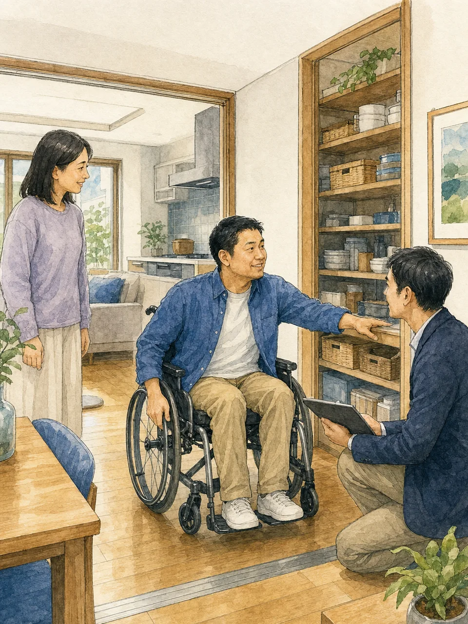 バリアフリー住宅で暮らす日本人（手描き水彩）。バリアフリー住宅、車いす、住環境、共生の記事向け素材です。