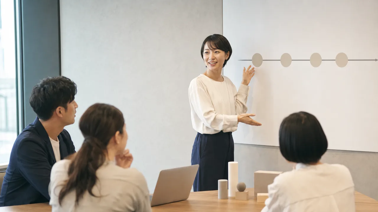 顧客導入を支援する日本人チーム（横長・コピースペース）。カスタマーサクセス、顧客支援、導入支援、オンボーディングの記事や案内に使える商用素材です。
