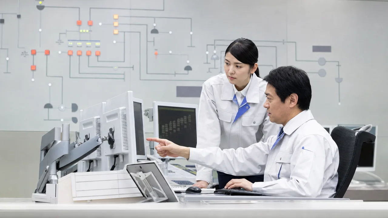 電力系統を運用する日本人チーム（横長・コピースペース）。電力系統、系統運用、電力供給、監視制御の記事や案内に使える商用素材です。