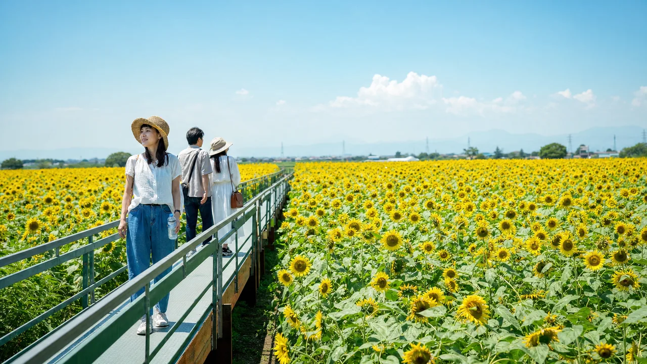 ひまわり畑を訪れる日本人（横長・コピースペース）。ひまわり畑、夏、花、国内旅行の記事に使える素材です。