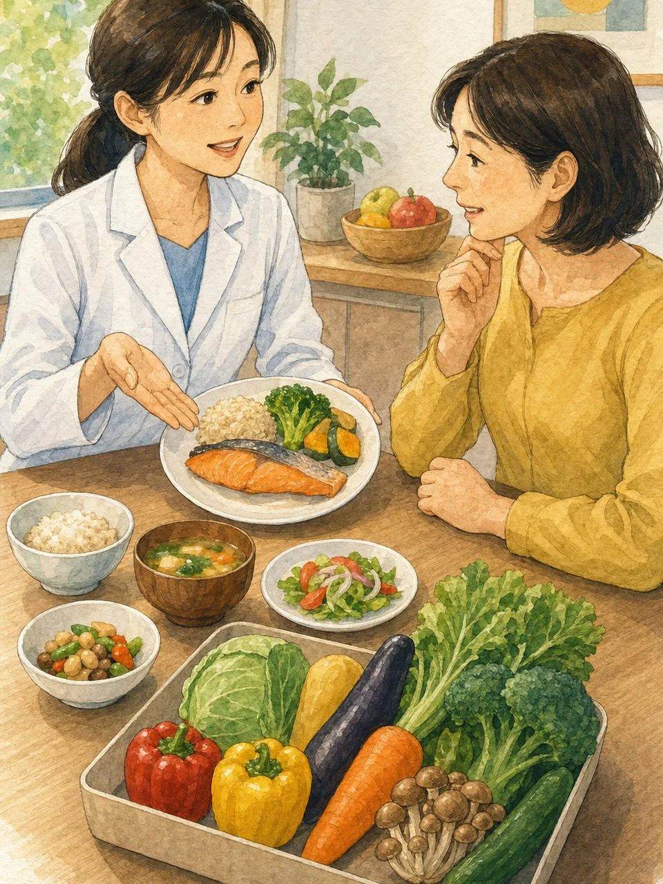 糖尿病予防の栄養相談を受ける日本人（手描き水彩）。糖尿病予防、栄養相談、管理栄養士、食生活の記事や案内に使える商用素材です。