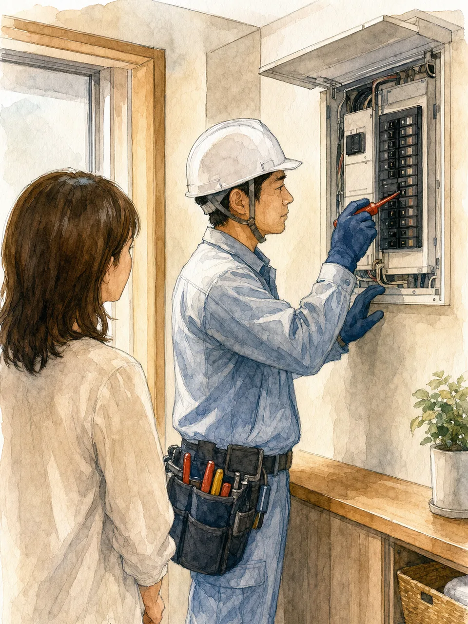 住宅設備を点検する日本人電気工事士（手描き水彩）。電気工事士、住宅設備、保守点検、安全の記事向け素材です。