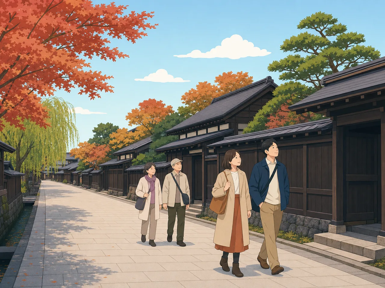 秋田の歴史ある町並みを歩く旅行者（フラットイラスト）。秋田旅行、歴史的町並み、東北旅行、城下町の記事や案内に使える商用素材です。