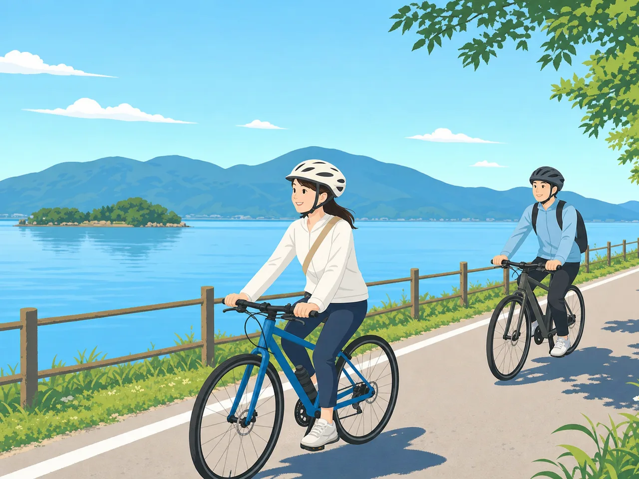滋賀の琵琶湖畔を自転車で巡る旅行者（フラットイラスト）。滋賀旅行、琵琶湖、サイクリング、自転車旅行の記事や案内に使える商用素材です。
