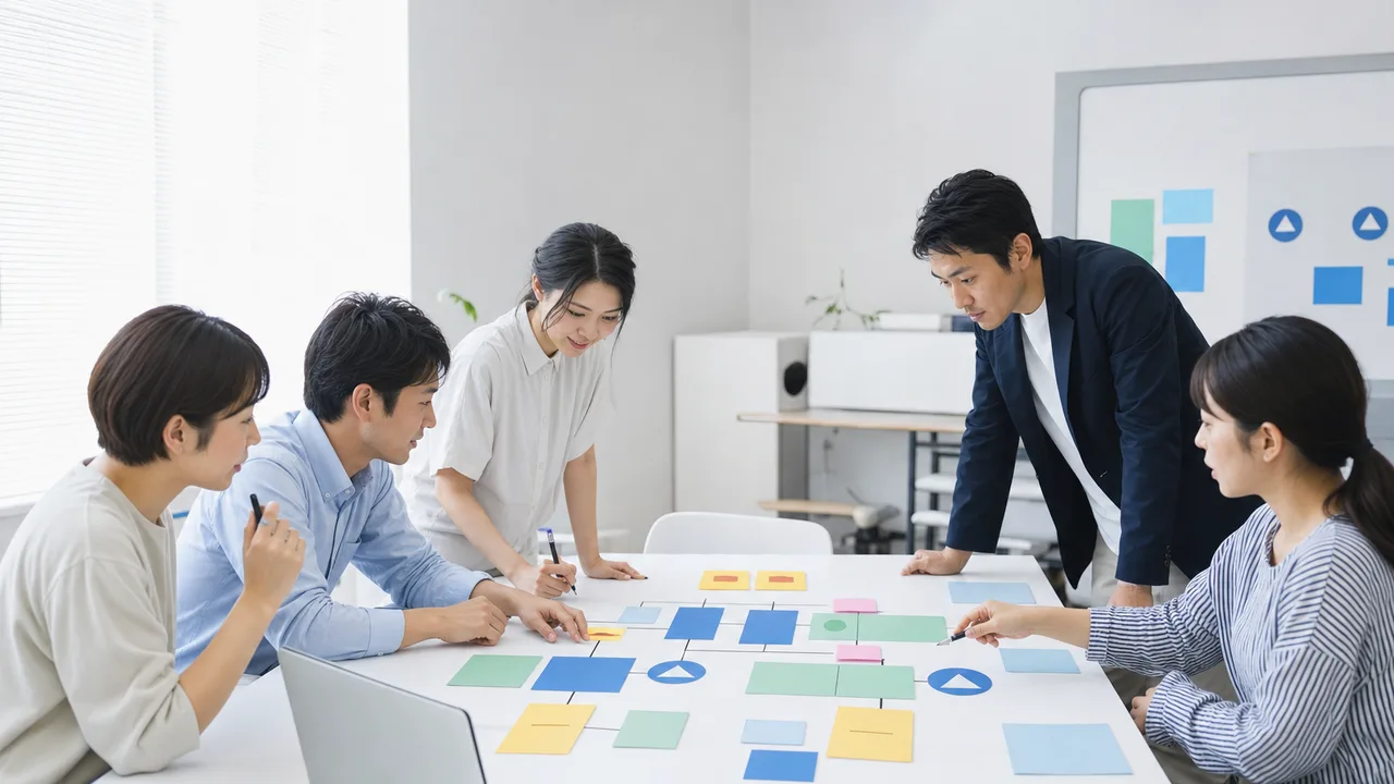 事業継続計画を作る日本人チーム（横長・コピースペース）。事業継続計画、BCP、災害対策、リスク管理の記事や案内に使える商用素材です。