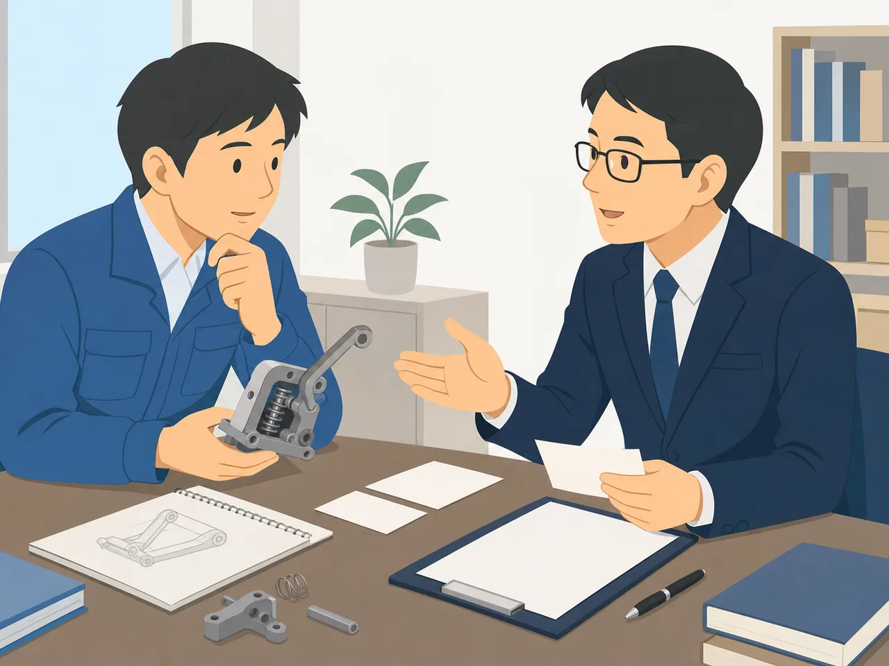 発明を相談する日本人と弁理士（フラットイラスト）。特許相談、弁理士、発明、知的財産の記事や案内に使える商用素材です。