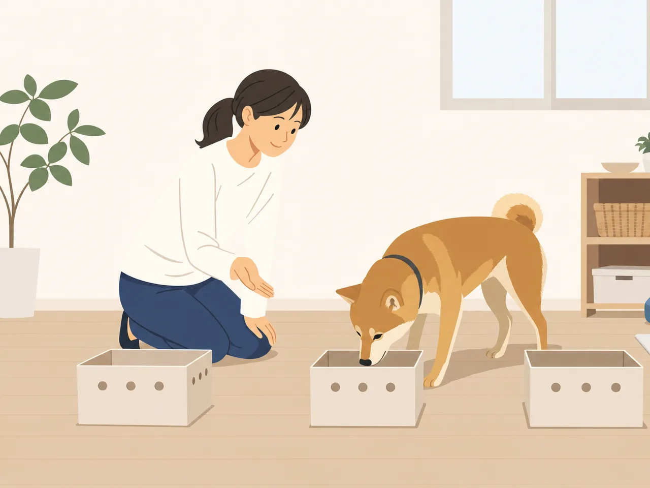 ノーズワークを楽しむ日本人と犬（フラットイラスト）。ノーズワーク、犬、嗅覚遊び、ペットの記事や案内に使える商用素材です。