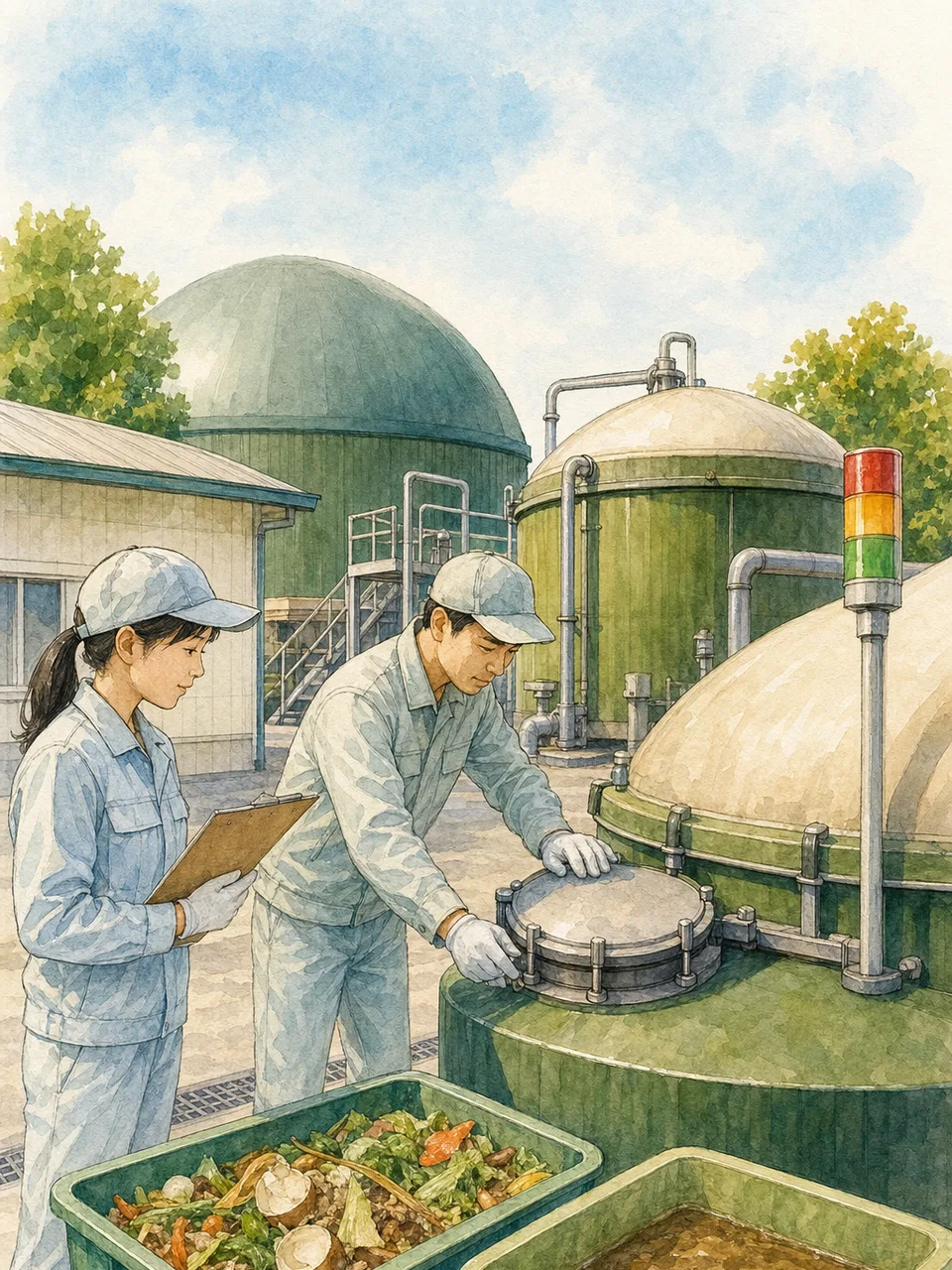 バイオガス設備を管理する日本人（手描き水彩）。バイオガス、再生可能エネルギー、廃棄物活用、メタン発酵の記事や案内に使える商用素材です。