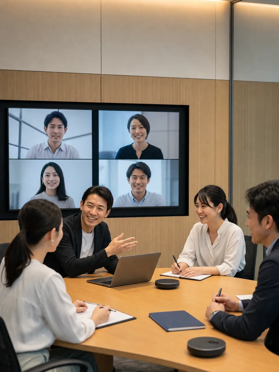 ハイブリッド勤務を計画する日本人チーム（自然な縦位置写真）。ハイブリッド勤務、リモートワーク、週次計画、チーム会議の記事や案内に使える商用素材です。