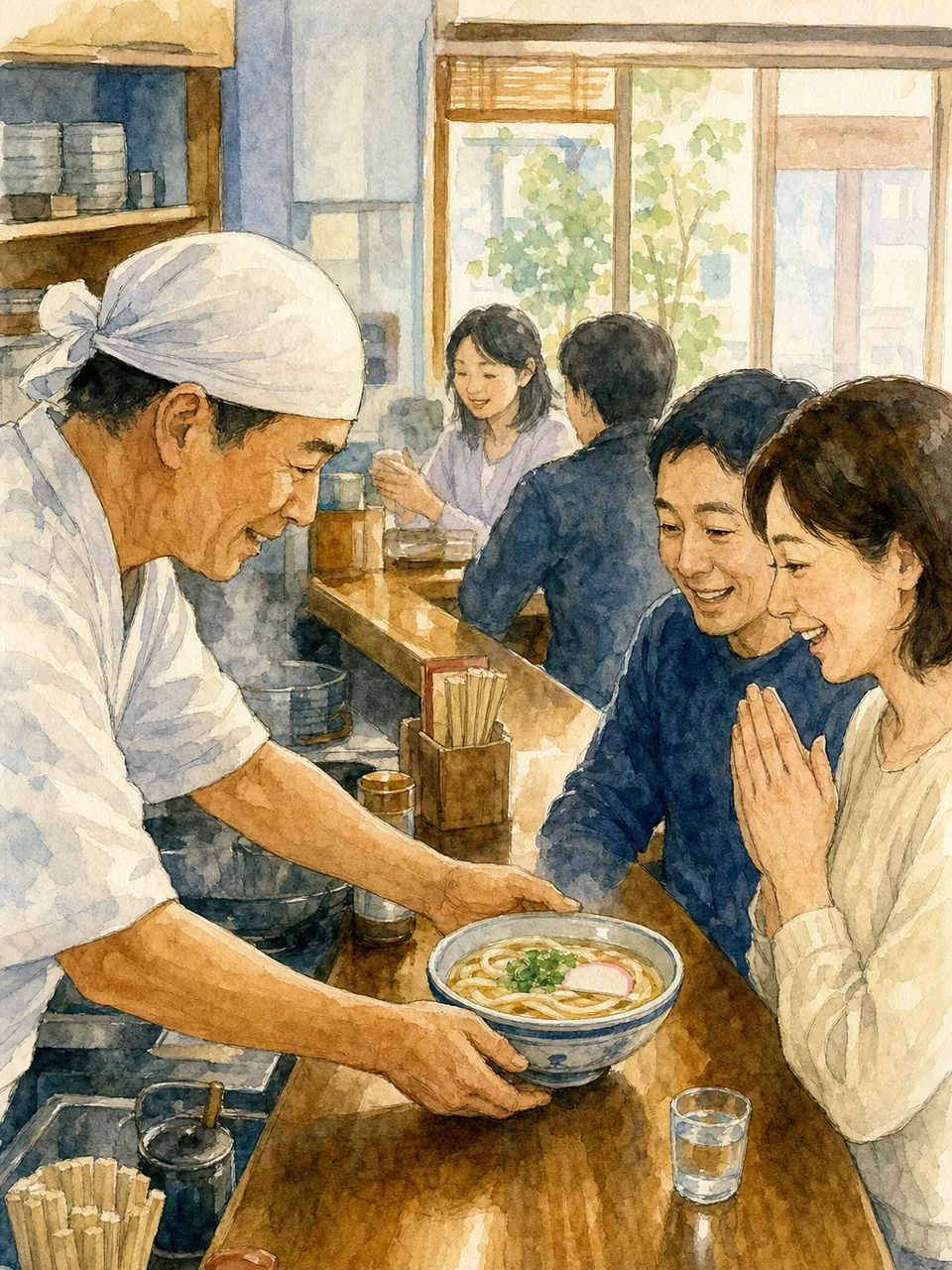 うどんを楽しむ日本人（手描き水彩）。うどん、麺料理、和食、飲食店の記事に使える素材です。