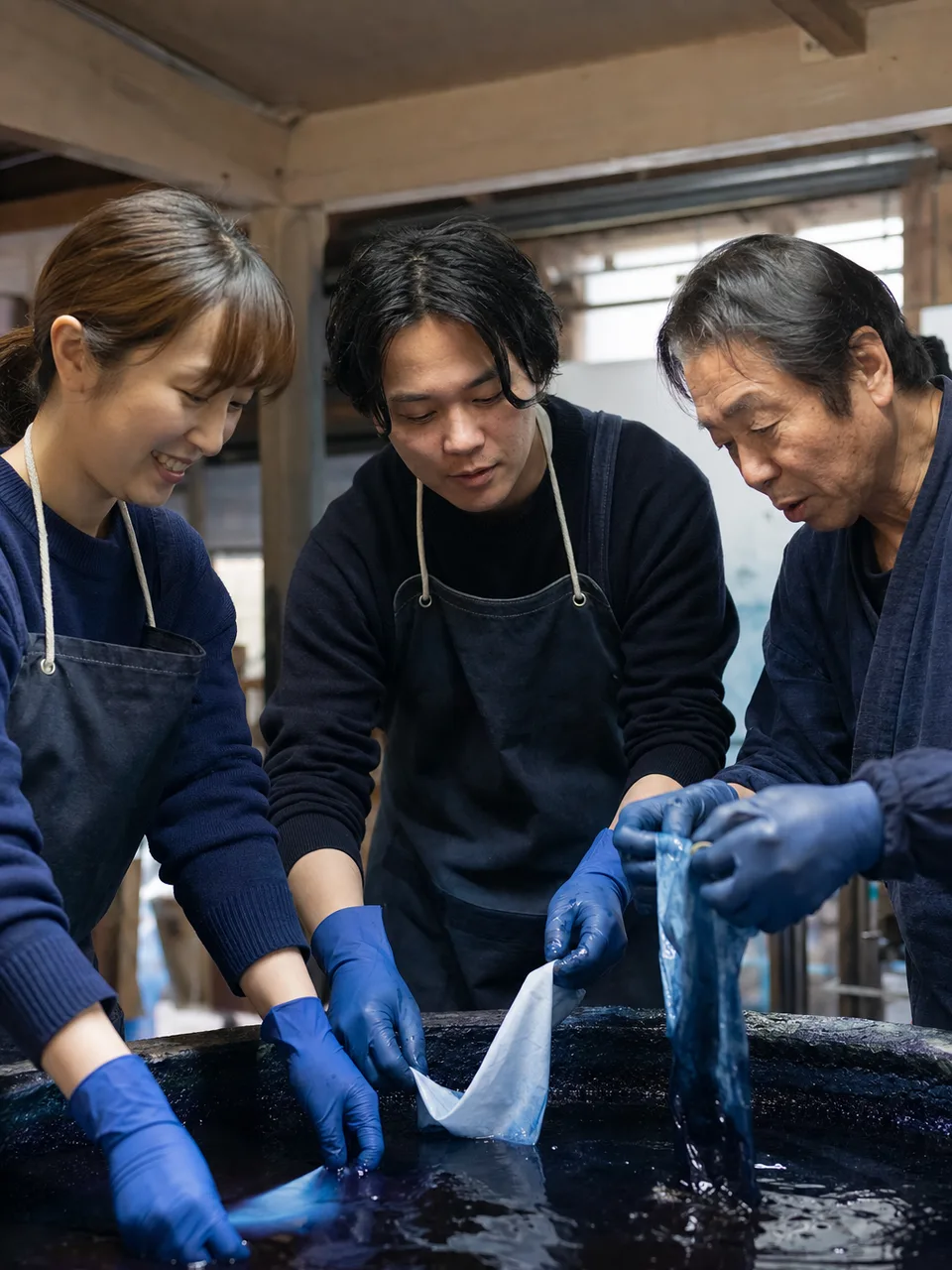 藍染めを体験する日本人（自然な縦位置写真）。藍染め、伝統工芸、染色、職人体験の記事や案内に使える商用素材です。