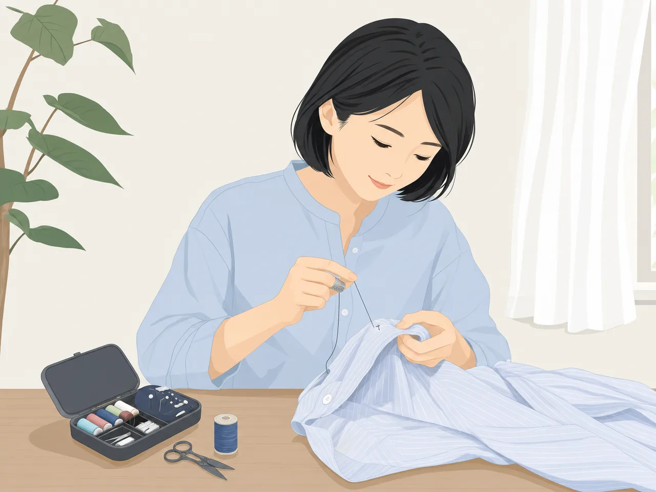 洋服を修繕する日本人（フラットイラスト）。洋服の修繕、繕い物、衣類、持続可能な暮らしの記事向け素材です。