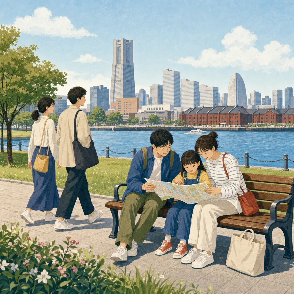 横浜の水辺を歩く日本人旅行者（編集記事向け）。横浜、ウォーターフロント、都市観光、街歩きの記事向け素材です。